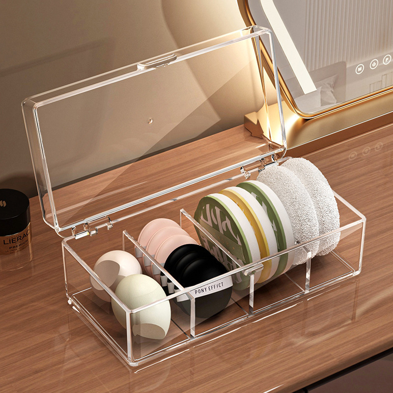 Cosmetic storage box, acrylic transparent dustproof compartmentalized organizer for dormitory dressing table, makeup sponge organizer shelf