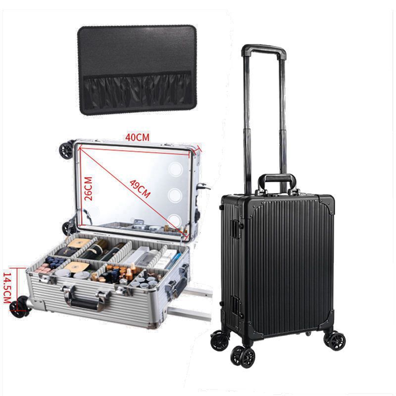 Estuche de maquillaje profesional, novia y maquilladora, caja de maquillaje especial para maquilladora con luz, espejo de vidrio templado, maleta con ruedas, portátil