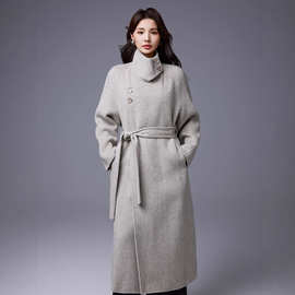 高Ji氛围感烟管领双面羊毛大衣女25秋冬新款慵懒赫本立领毛呢外套