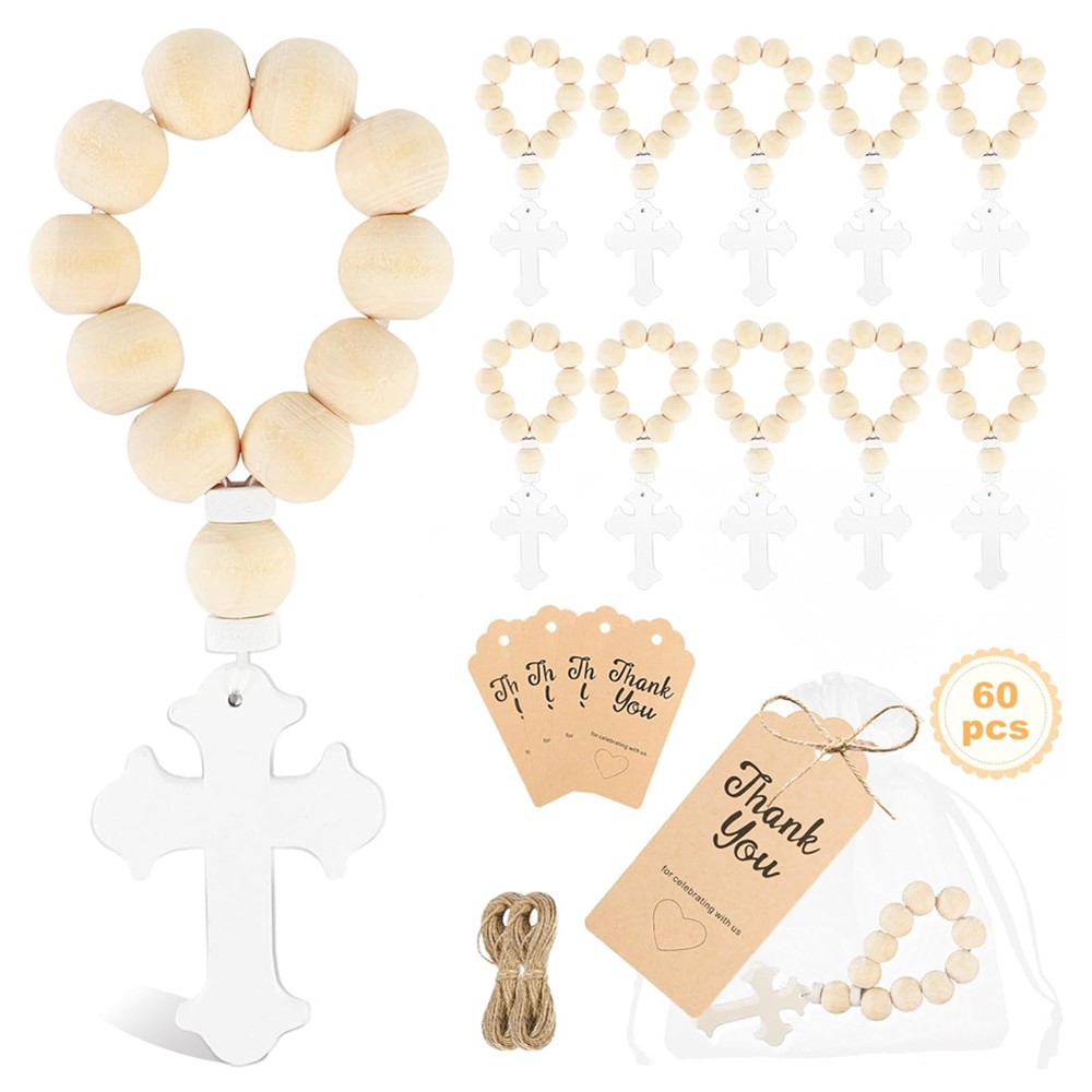 Cross-border spot comercio exterior cruz de madera bautismo conjunto de cuentas y bolsas de malla blanca rosario cuentas de madera