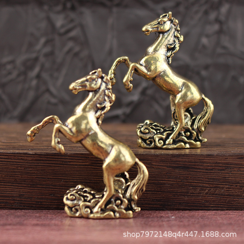 纯黄铜马踏祥云桌面摆件生肖马铜雕工艺品马到成功茶宠摆饰老铜器