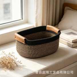 简约皮把手棉绳收纳篮化妆台置物整理收纳盒水果零食编织篮
