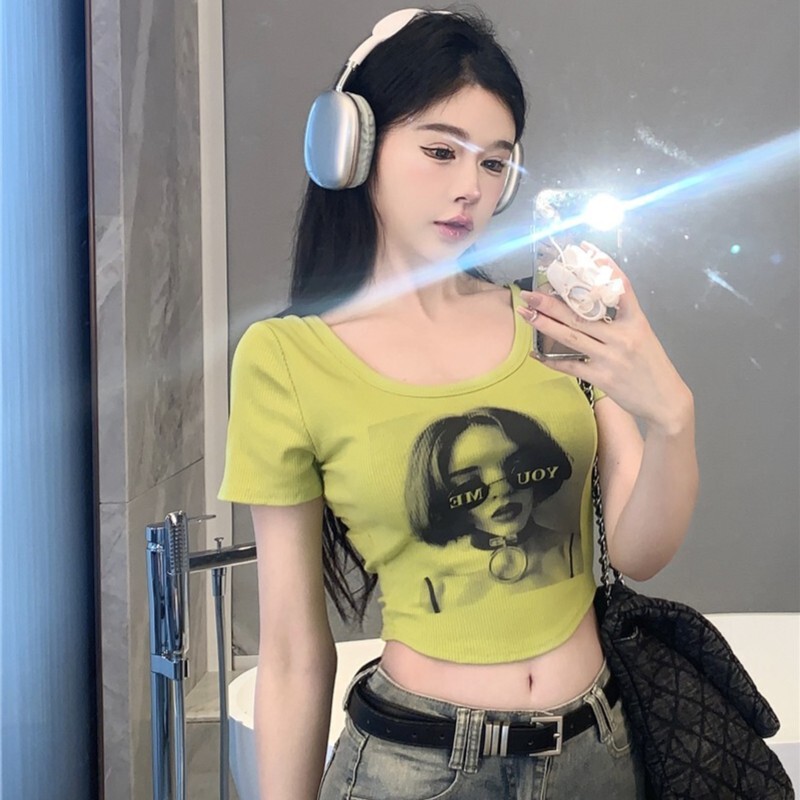 European and American Sweet Cool Spice Girls Shoulder Short-sleeved T-shirt Women's Summer American Printed Tight Sexy High Waist Short Clavicle Top European and American Sweet Cool Spice Girls Shoulder Short-sleeved T-shirt Women's Summer American Printed Tight Sexy High Waist Short Clavicle Top
