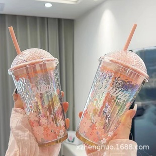 Internet Celebrous Star Cherry Blossom Cup Colorful Glass Water Cup High Color Value Straw Cup Girls Gift Fashion Beverage Cup