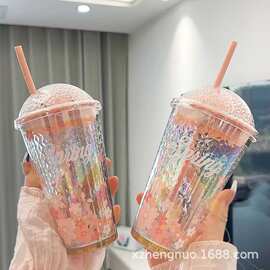 网红星空樱花杯炫彩玻璃水杯高颜值吸管杯子女生送礼物时尚饮料杯