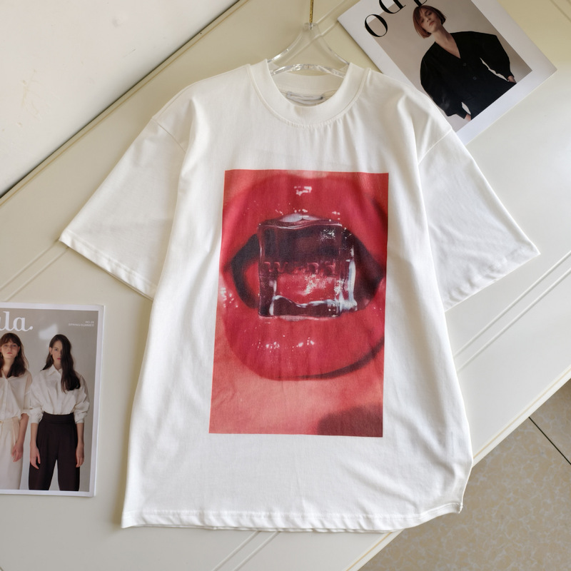 High-Quality New Trendy Street Style Red Lip Ice Cube Fashion Print Round Neck Versatile Short-Sleeve T-Shirt