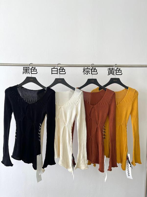 2025秋季新品甜酷辣妹风纯棉V领毛衣修身喇叭袖抽褶针织衫女W1356|undefined