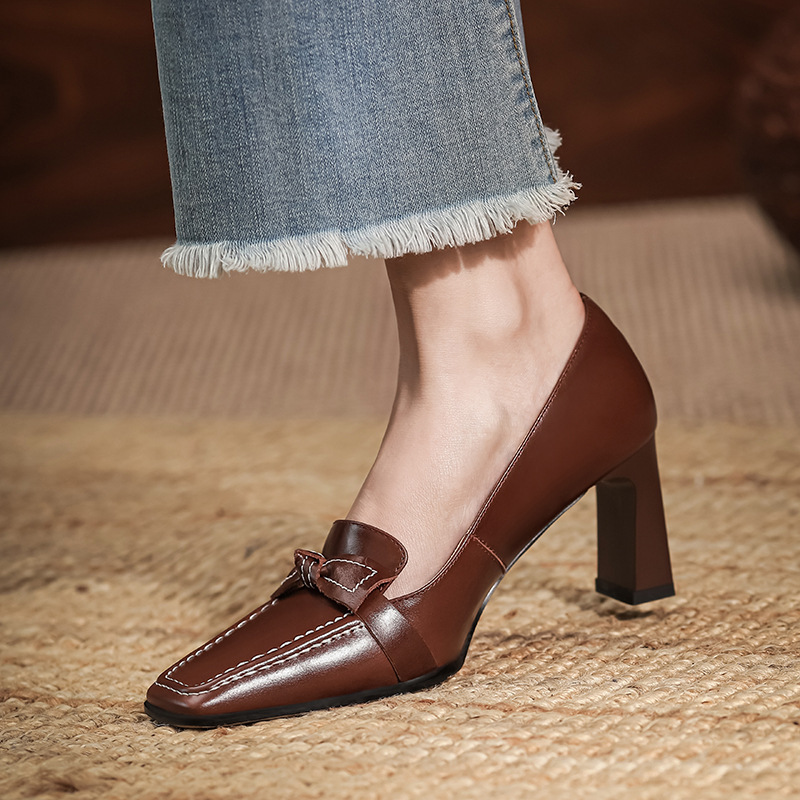 Horse oil cowhide bow thick high heel loafers 2025 spring new square head commuter mid-mouth single-layer shoes for women
