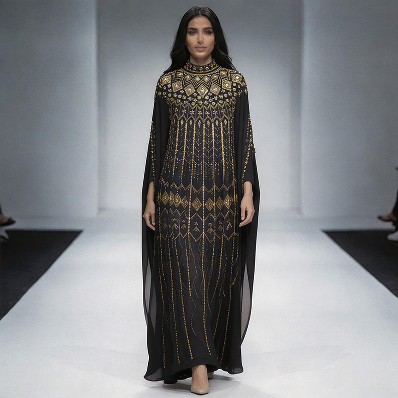 Fashionable Retro Black and Gold Heavy Beaded Embroidery Dress with Stand Collar, Luxurious Design, High-End Evening Gown for Women