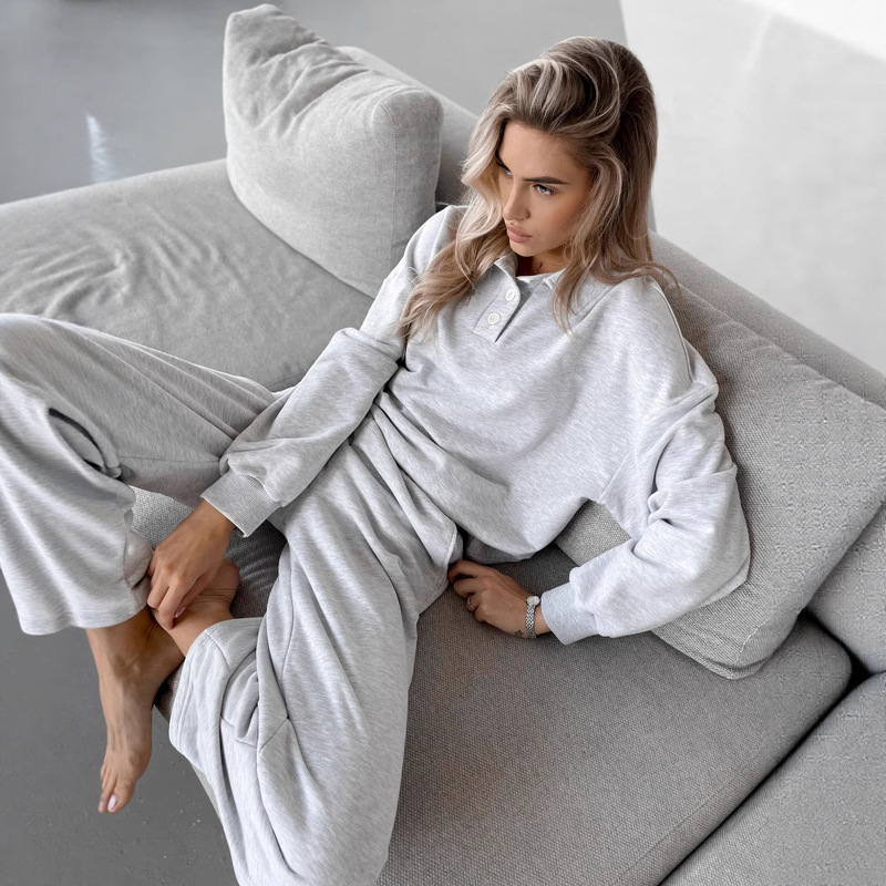 Street Style Sports Casual Sweatshirt Set Women's Autumn and Winter European and American Street Polo Shirt Wide Leg Pants Two-Piece Set