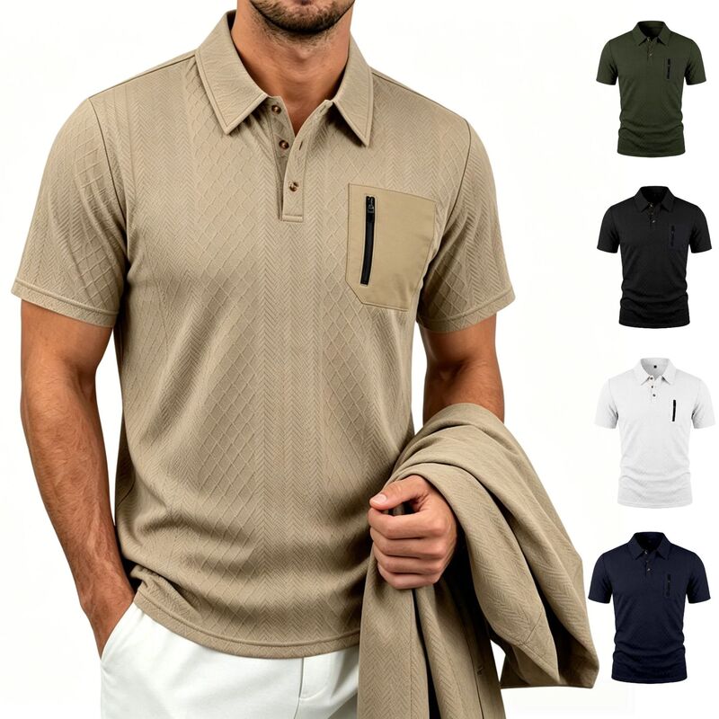 European and American Cross-Border Men's Summer Jacquard Polo Shirt with Button Zipper Pocket Casual Short-Sleeve T-Shirt for Men European and American Cross-Border Men's Summer Jacquard Polo Shirt with Button Zipper Pocket Casual Short-Sleeve T-Shirt for Men