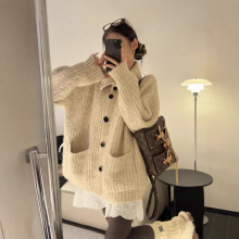 欧美跨境慵懒风翻领女士毛衣秋冬新款宽松软糯针织开衫中长款上衣