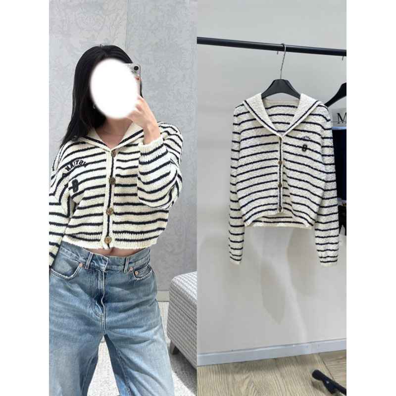 2025 Autumn and Winter Navy Collar Long-Sleeved V Neck Navy Blue and White Stripesd Letter Logo Knitted Cardigan Loose and Versatile Top for Women