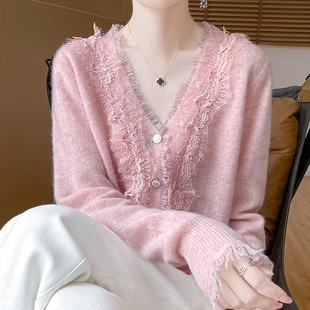 2025 autumn and winter new V-neck 100% pure wool sweater for women, loose and slim lace cardigan jacket top