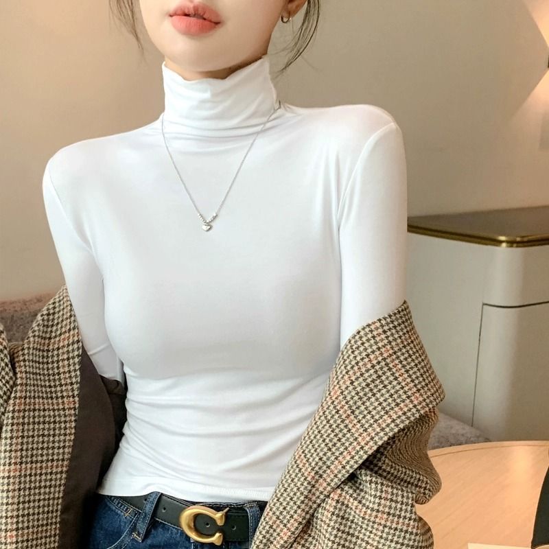 가을 겨울 여성용 모달 터틀넥 셔츠, 스택 칼라 긴팔 티셔츠, 패셔너블한 화이트 슬림핏 탑, 블랙