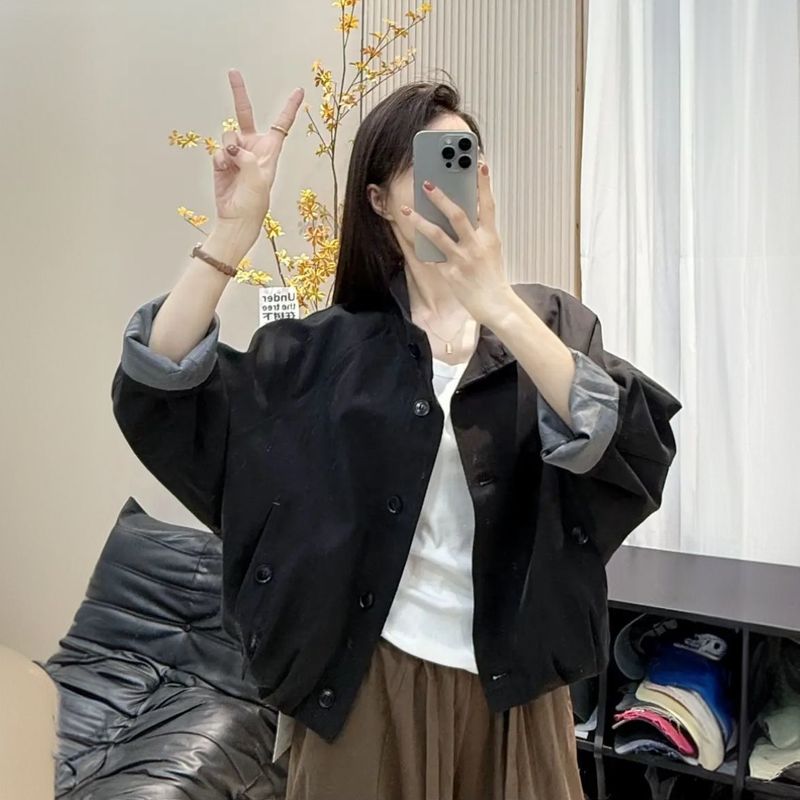 立领夹克休闲时尚外套2025新款宽松休闲内里条纹短款外套风衣上衣|undefined