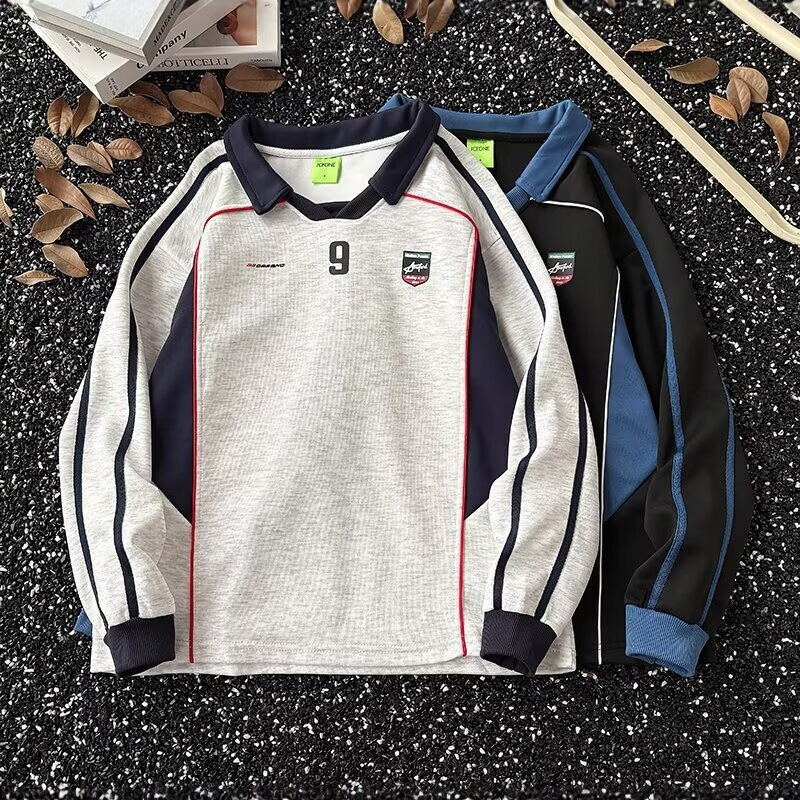 American retro color-block polo collar printed couple's sweatshirt, unisex, long-sleeved, loose-fitting, trendy, and with a turn-down collar, suitable for spring and autumn American retro color-block polo collar printed couple's sweatshirt, unisex, long-sleeved, loose-fitting, trendy, and with a turn-down collar, suitable for spring and autumn