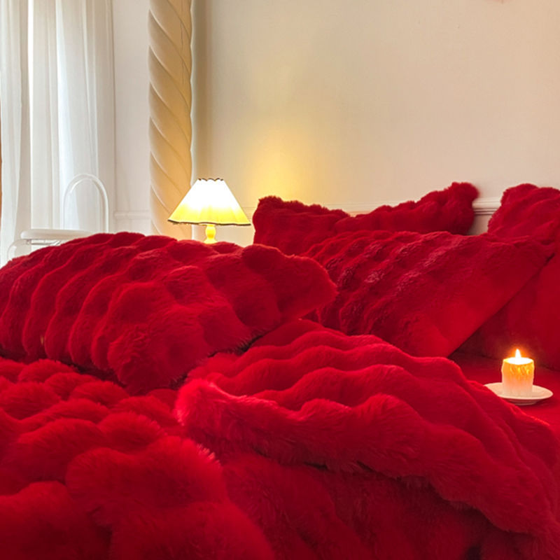 새로운 높은 무게 토끼 봉제 우유 벨벳 웨딩 더블 담요 큰 붉은 겨울 따뜻한 다기능 양모 담요
