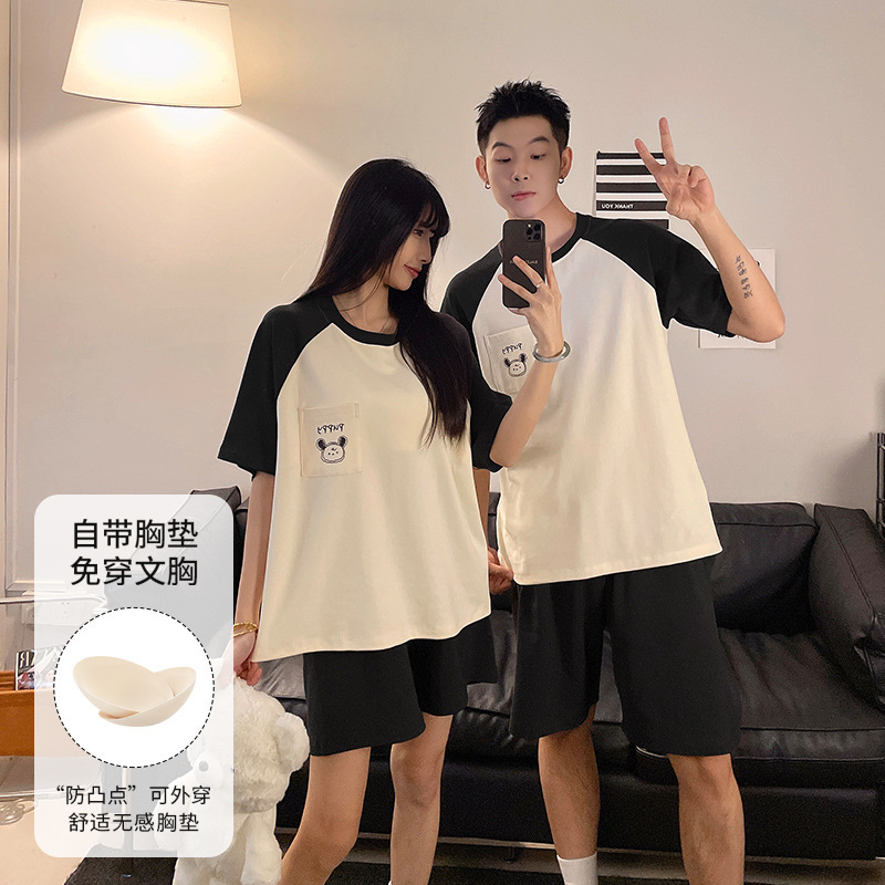 Pajamas for Couples, One Man and One Woman, Short-Sleeved Summer with Chest Pads, One-Piece Round Neck Pullover, Two Sets of Home Clothes Pajamas for Couples, One Man and One Woman, Short-Sleeved Summer with Chest Pads, One-Piece Round Neck Pullover, Two Sets of Home Clothes