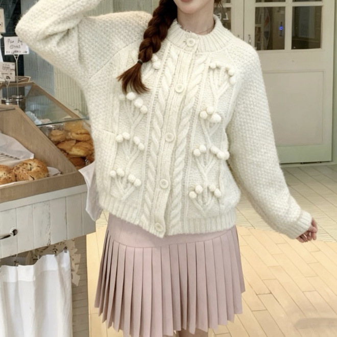 韩系立体球球勾花粗毛线麻花毛衣女秋冬新款慵懒宽松针织开衫外套