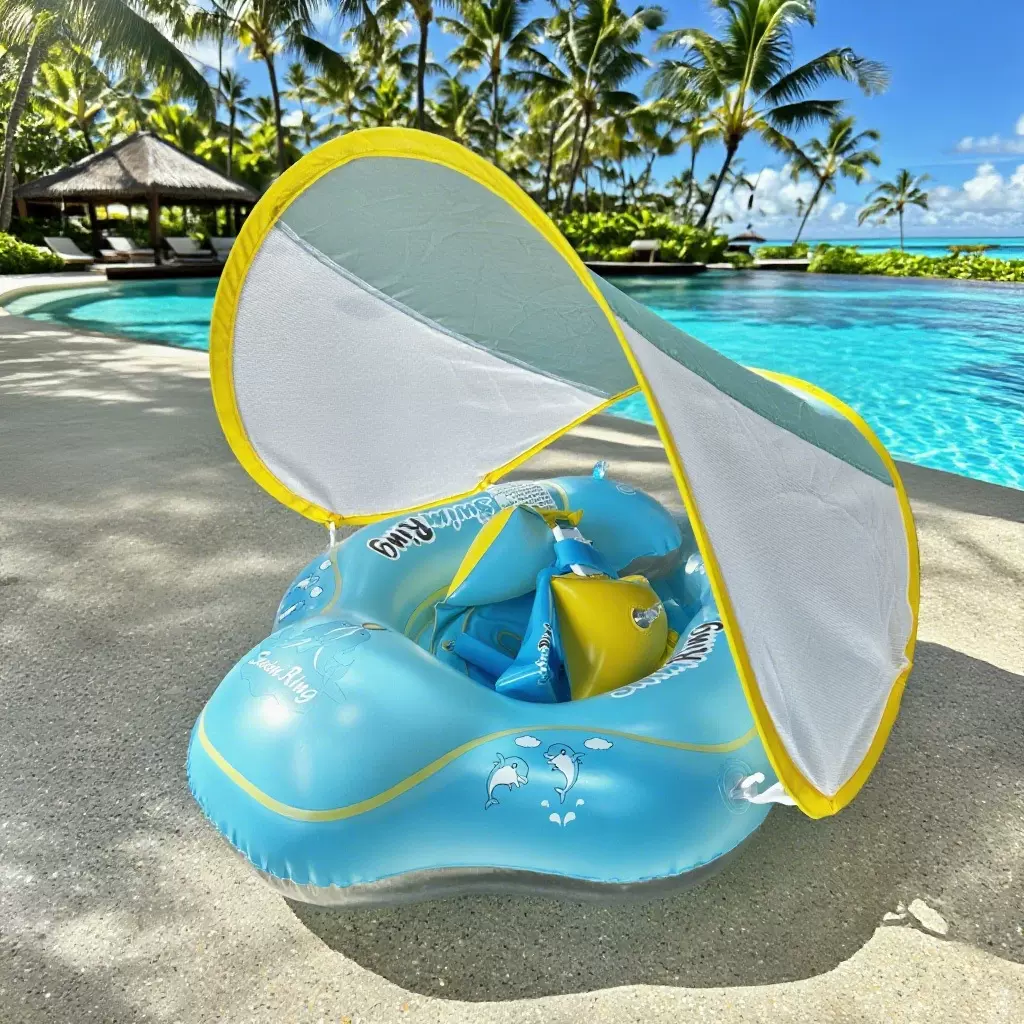 带蓬儿童趴圈婴儿游泳圈PVC充气带遮阳蓬泳圈 水上戏水防晒救生圈