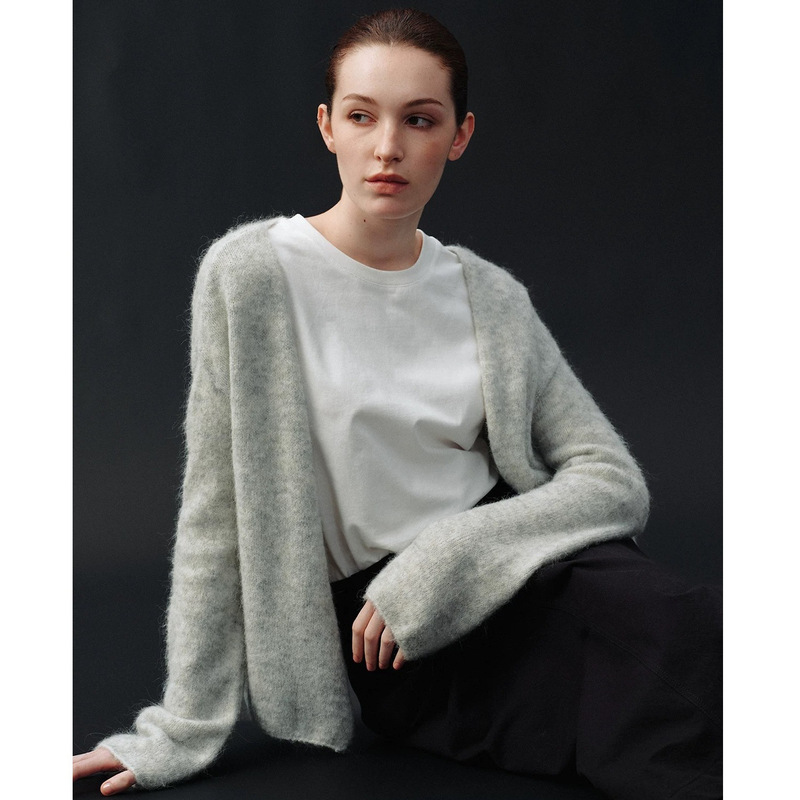 Trendy and Casual Alpaca Wool Simple Artistic Fluffy Lazy V-Neck Knit Cardigan Top for Women 36106