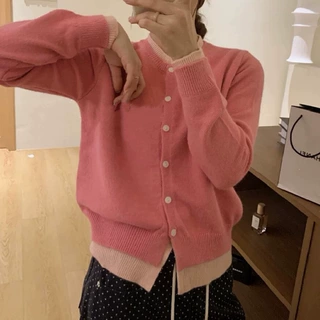 韩系新款温柔糖果色拼接假两件毛衣外套秋冬显瘦小众针织开衫女潮