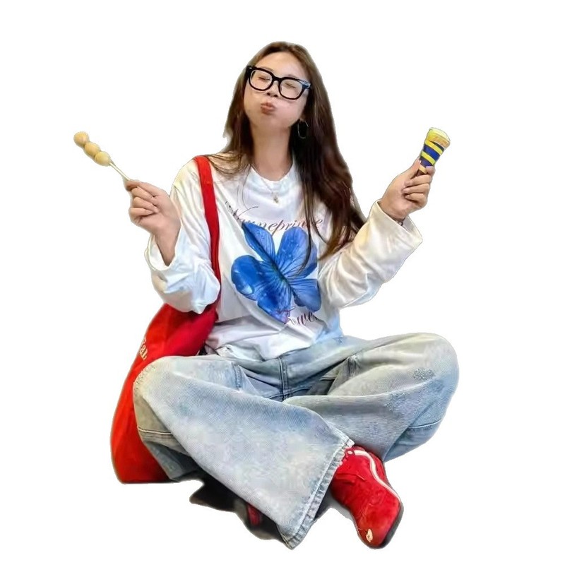 美式复古趣味花朵高级长袖t恤女休闲宽松百搭今年流行上衣ins爆款|undefined