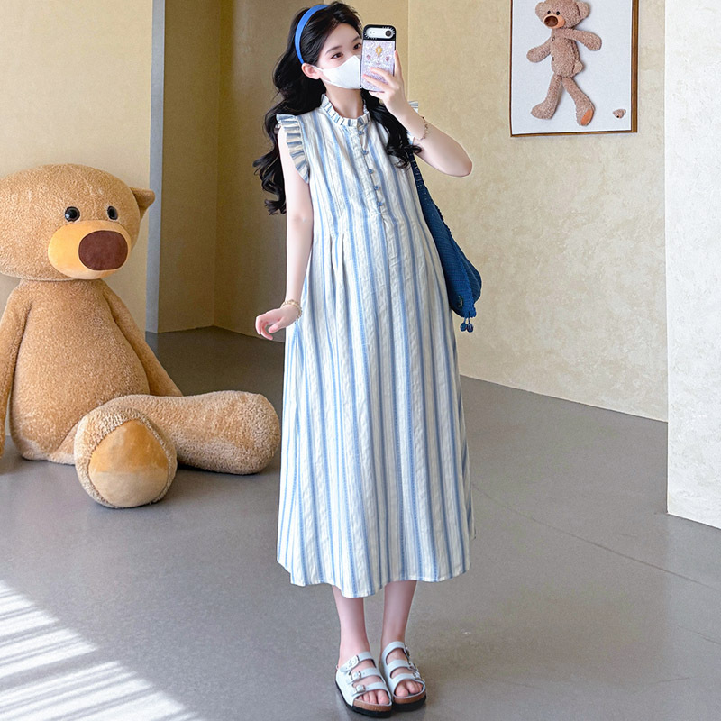 Maternity Dress Summer New Style Flying Sleeve Single-Layer Cotton Jacquard Mid-Length Striped Dress for Pregnant Moms Maternity Dress Summer New Style Flying Sleeve Single-Layer Cotton Jacquard Mid-Length Striped Dress for Pregnant Moms