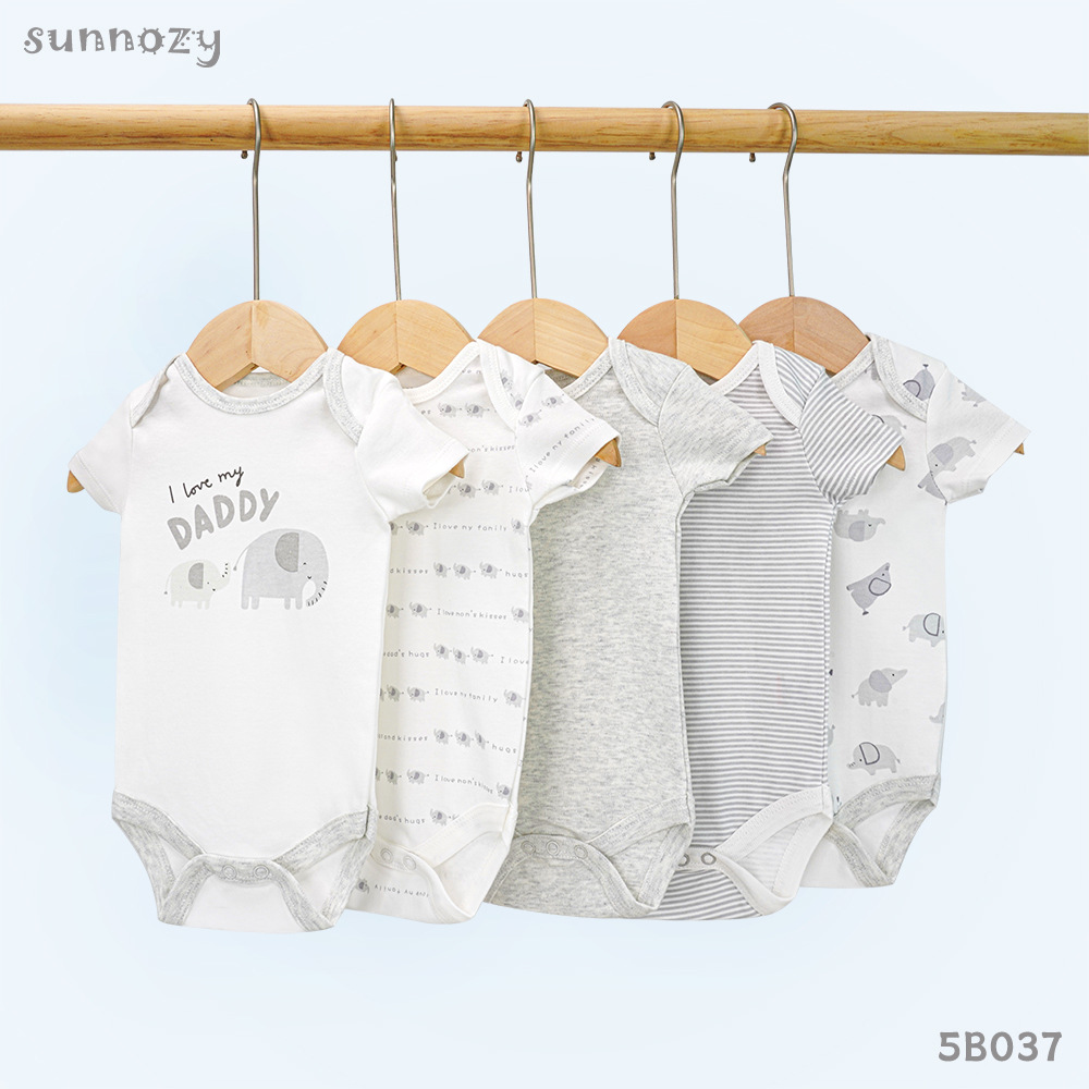 Conjunto de cinco piezas de algodón puro para bebé, mono de verano de manga corta Clase A, embalaje en inglés Sunnozy.