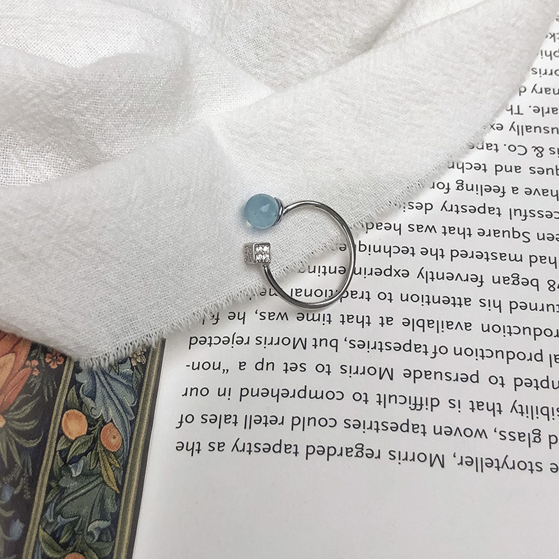Natural Sea Blue Aquamarine Crystal Ring for Women, Cool Style, S925 Pure Silver Openable Adjustable for Index Finger, Factory Wholesale