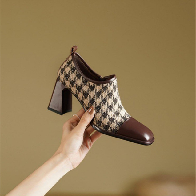 French New Color-Blocked Ankle Boots for Women Summer Thick-Soled Thick-Heeled High-Heeled Boots Square-Toe Side Zipper Short Boots Brown