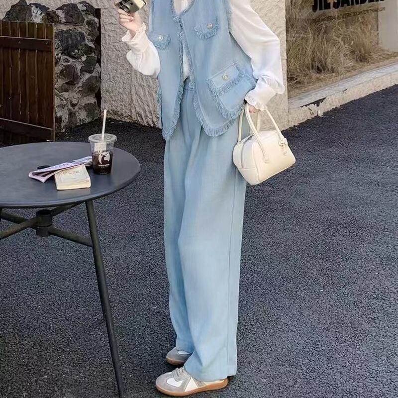 蓝色时尚流苏小香风套装女春季2025年新款名媛马甲衬衫长裤三件套|undefined