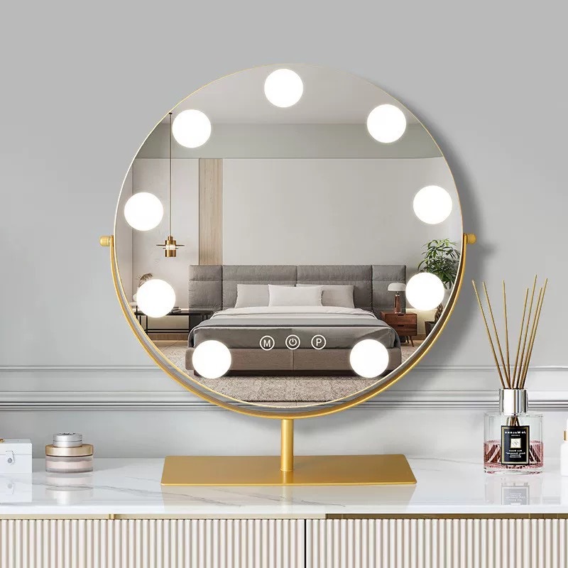 Espejo de maquillaje redondo, espejo especial para dormitorio de escritorio con sentido avanzado, hogar led con luz, estudiante de dormitorio, rojo de Internet, lujo ligero