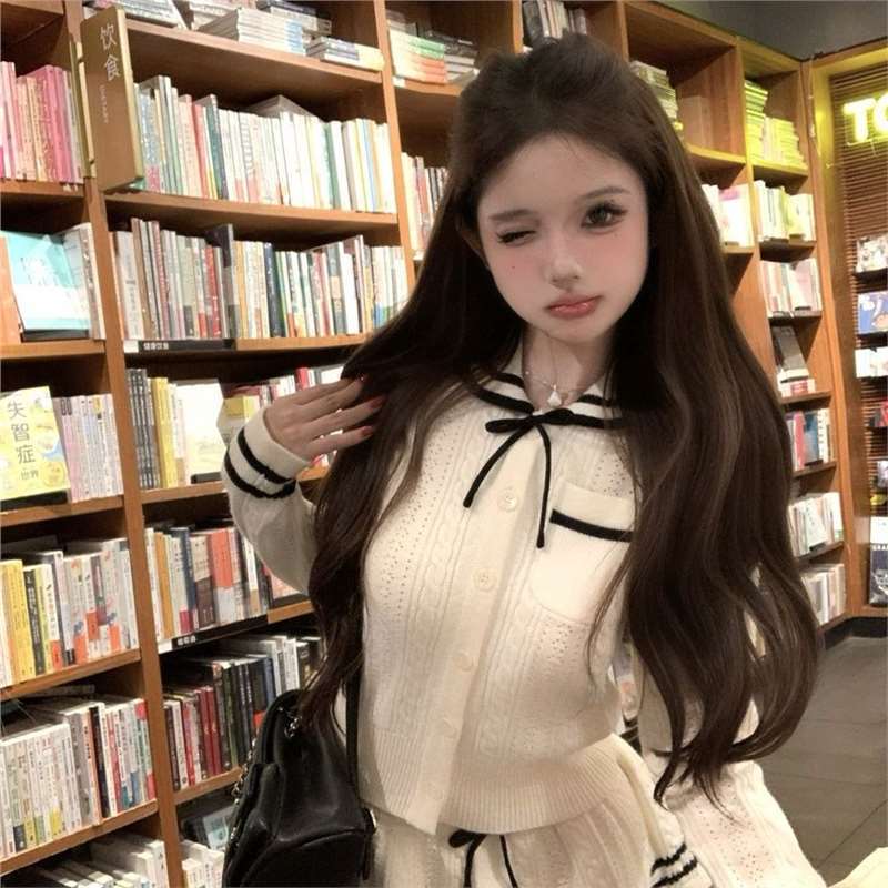 甜美奶乖套装撞色娃娃领长袖针织开衫女秋冬高腰半身裙短裙两件套|undefined