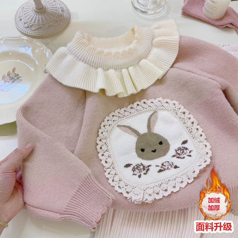 Girls' Thick Knitted Cartoon Sweater, Stylish and Sweet Knitted Top, Children's Winter Warm Base Sweater