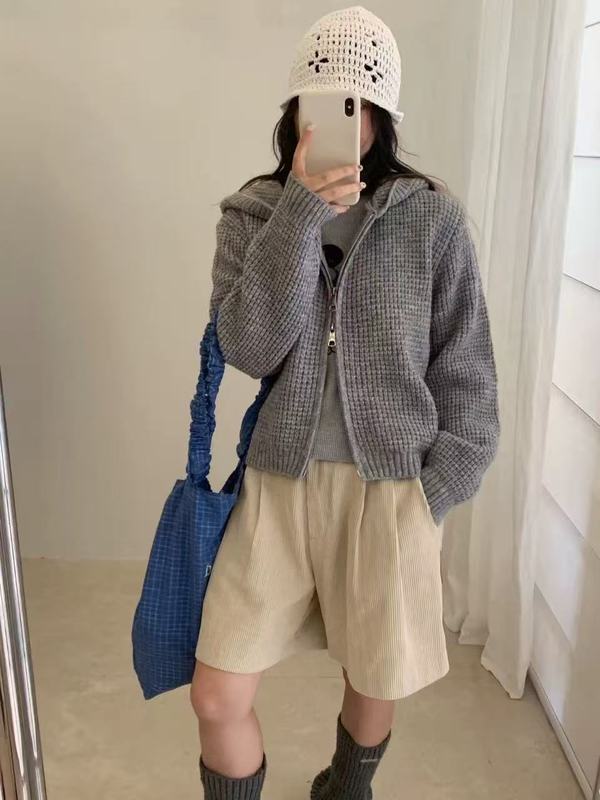 短款连帽毛衣外套女外穿2025新款韩系宽松单排扣百搭针织开衫上衣|undefined