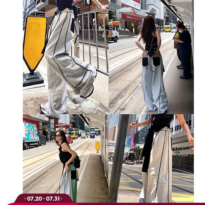 Li Wanjun Hong Kong Style Retro Light Color Stitching Contrasting White Jeans Women's Summer High-Waisted Loose Wide-Leg Straight Pants