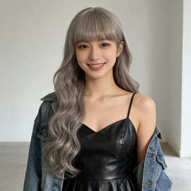 厂家现货欧美时尚跨境假发女长卷发空气刘海奶奶灰亚马逊新品头套