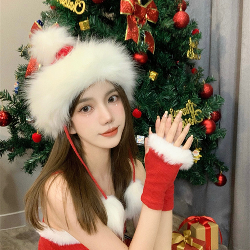圣诞新年毛线帽子女秋冬加绒护耳针织帽韩版可爱毛毛系带套头冷帽