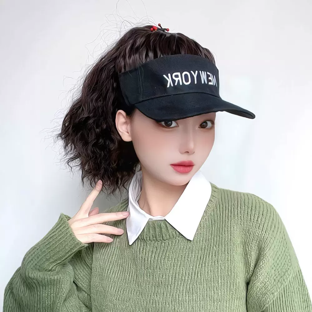 帽子假发女网红夏季遮阳帽百搭一体时尚空顶假发帽半扎马尾全头套
