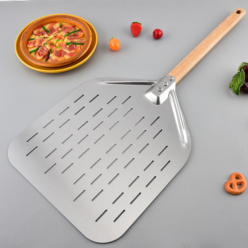 Mango de madera 430 pala de pizza hueca de acero inoxidable horno pala de cocina pastel de transferencia pala herramienta de volteo de pizza