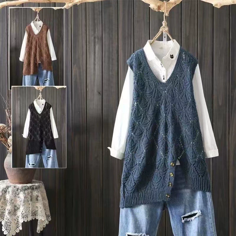 Жилет женский 2023 Новый Винтажный вязаный жилет больших размеров, женский внешний жилет с V-образным вырезом, тонкий свободный