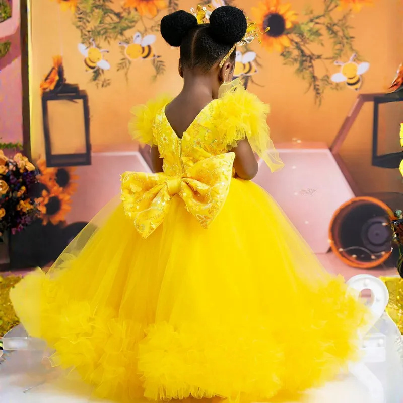 Yellow Flower Girl Dresses Short Sleeves Princess Dress Girls Birthday Party Ball Gown Children Host Piano Dress