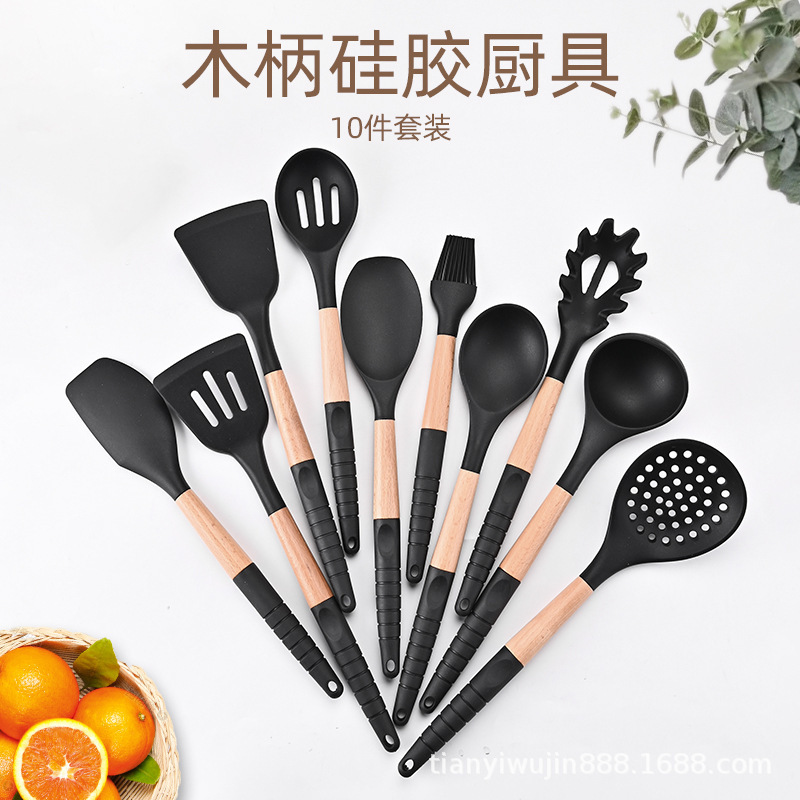 Nuevo punto de madera de mango de silicona 10 piezas de cocina de silicona negro 10 piezas de cocina de cocina de cocina