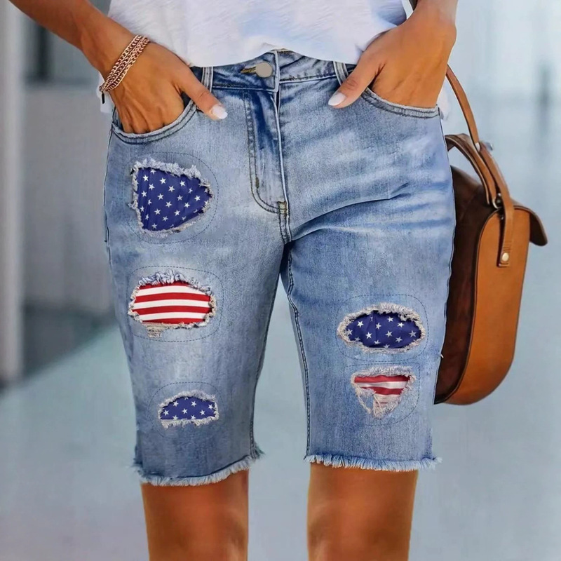 New Women's Denim Bermuda Shorts - Casual Mid-Length Denim Shorts with Patchwork and Personalized Appliques