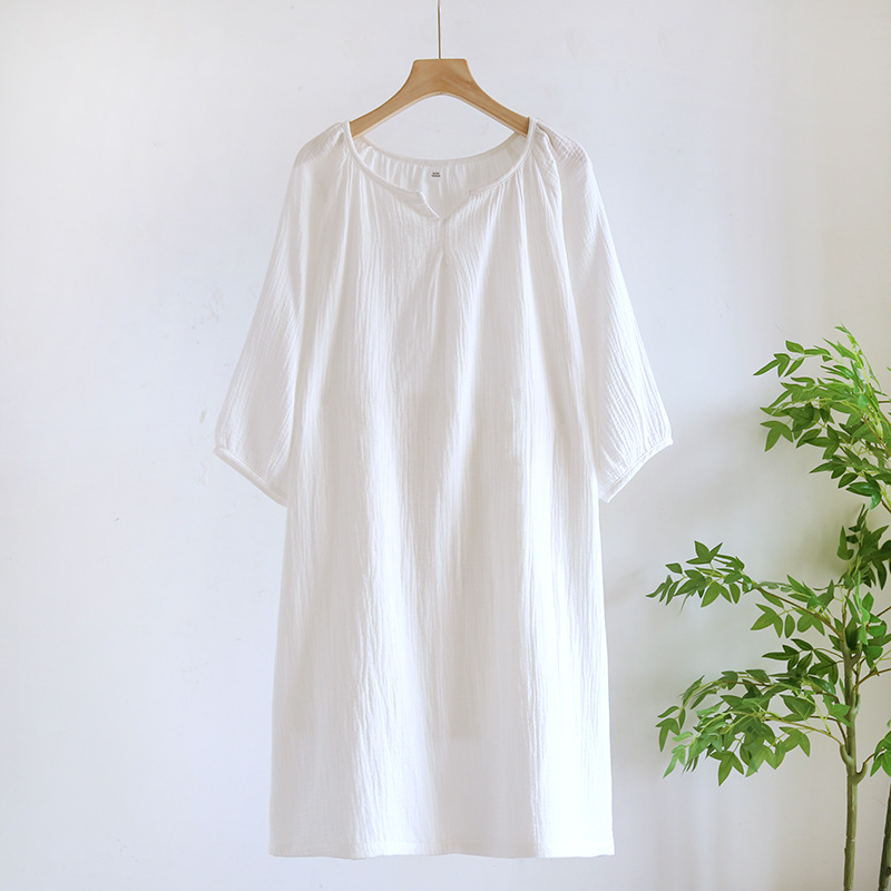 水洗いクレープの寝スカートの女性春秋夏綿のガーゼの薄いタイプの頭の袖の家の服のパジャマのスカートは外に着ることができます。