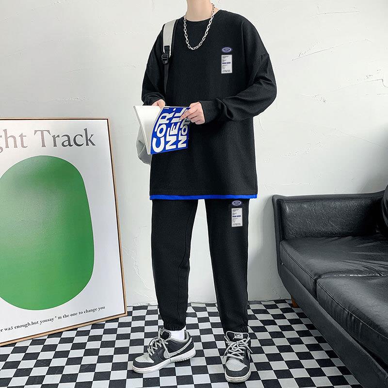 Cross-border Business Leisure Sports Men's Suit Autumn and Winter Fashion Brand Sweater Waffle Base Shirt Handsome Simple Two-piece Set