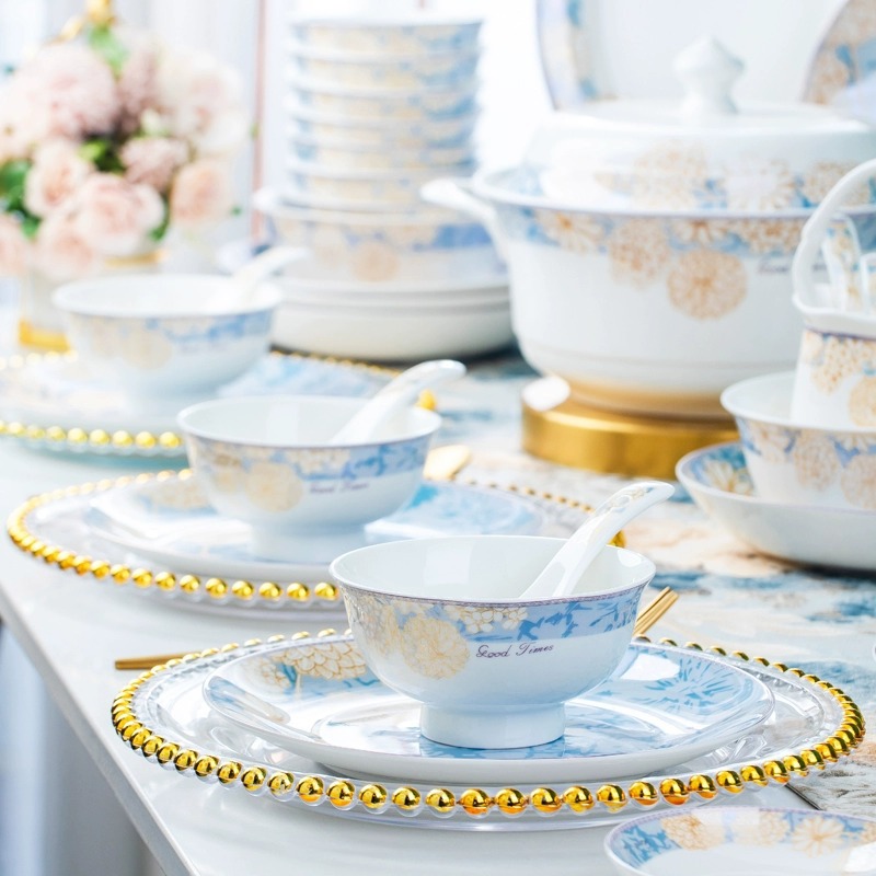 2023 bowl and dish suit light luxury bone china tableware suit full set household Jingdezhen bowl and plate combination housewarming bowl and chopsticks plate