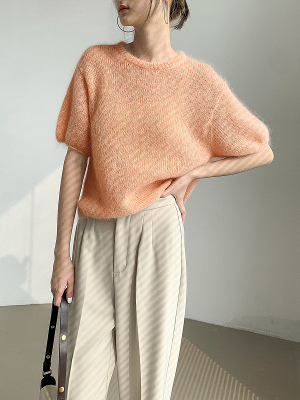 Pink Orange Short-sleeved Knitted Sweater Western Style Age-reducing Fairy Top Autumn New Loose Pullover Imitation Mohair Sweater